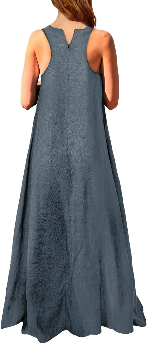 Mingyuezai Women's Sleeveless Linen Maxi Dress Casual Long Dresses with Pockets