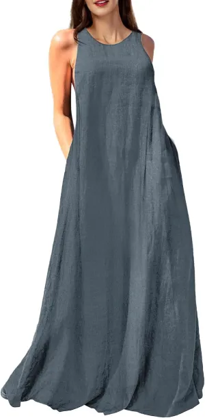Mingyuezai Women's Sleeveless Linen Maxi Dress Casual Long Dresses with Pockets