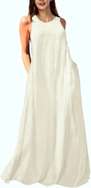 Mingyuezai Women's Sleeveless Linen Maxi Dress Casual Long Dresses with Pockets