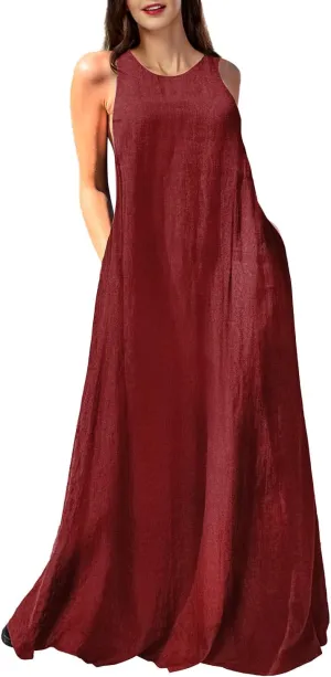 Mingyuezai Women's Sleeveless Linen Maxi Dress Casual Long Dresses with Pockets