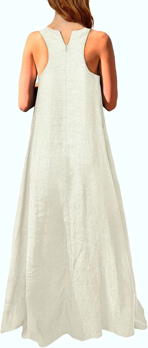 Mingyuezai Women's Sleeveless Linen Maxi Dress Casual Long Dresses with Pockets