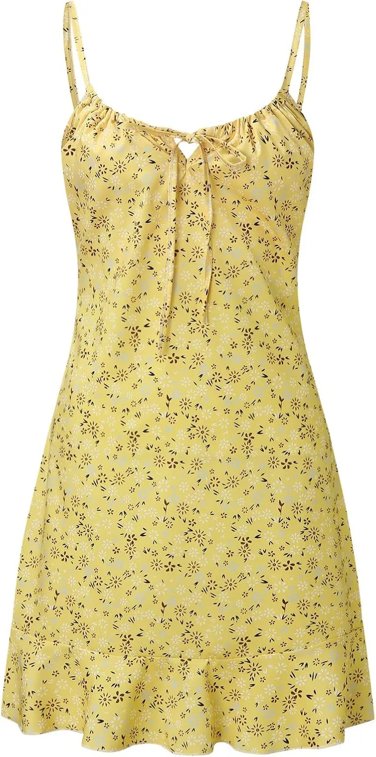 Mini Dresses for Women 2024 Summer Women's Floral Printed Spaghetti Strap Ruffle Hem Sundress Casual Fashion Sexy Tank Dress