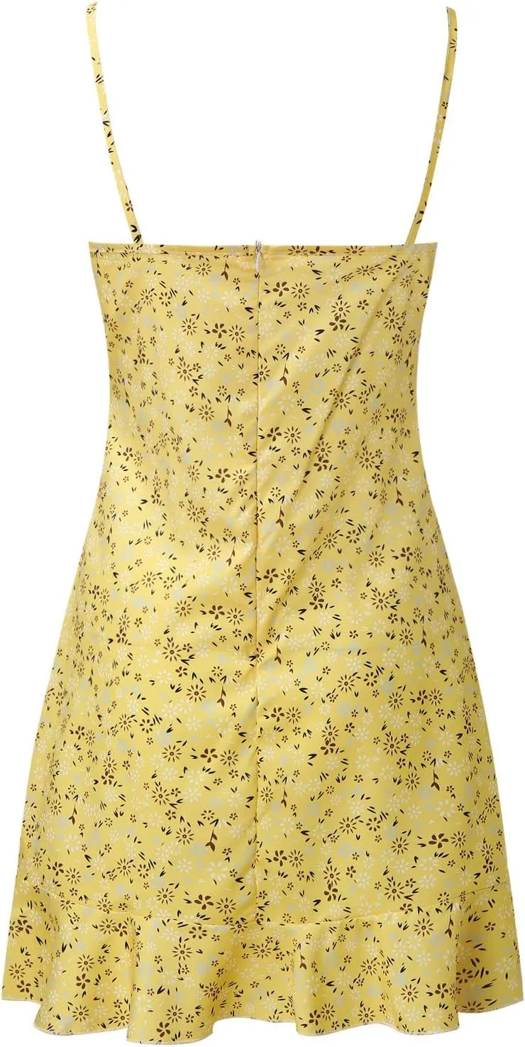 Mini Dresses for Women 2024 Summer Women's Floral Printed Spaghetti Strap Ruffle Hem Sundress Casual Fashion Sexy Tank Dress
