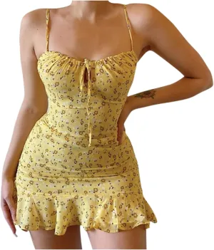 Mini Dresses for Women 2024 Summer Women's Floral Printed Spaghetti Strap Ruffle Hem Sundress Casual Fashion Sexy Tank Dress