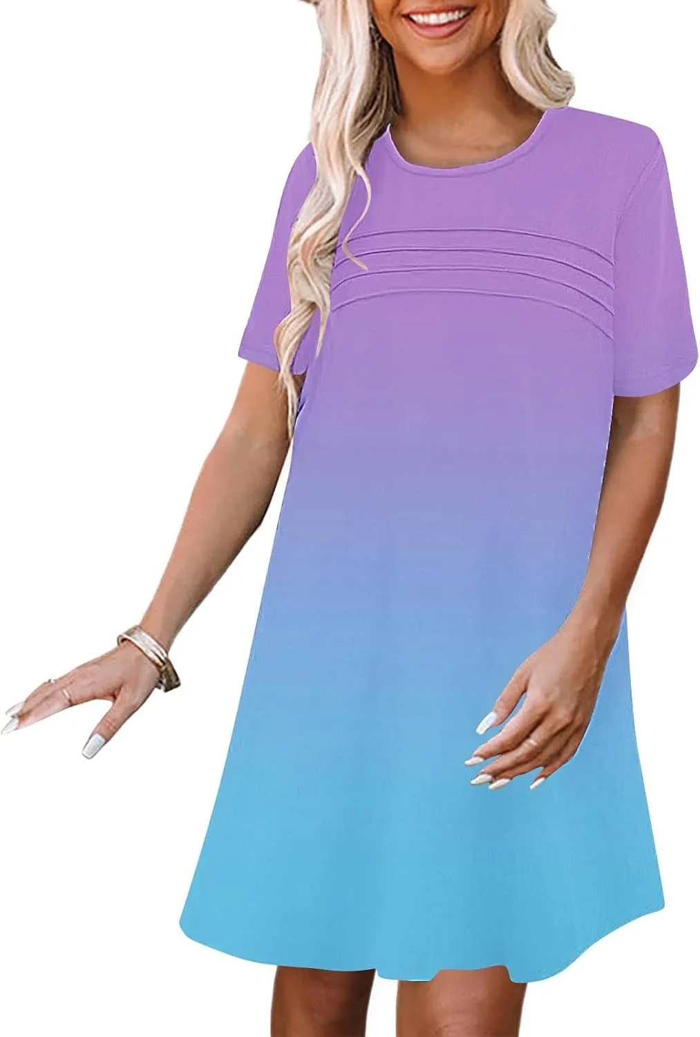 Mini Dresses for Women Casual Round Neck Short Sleeve Tunic Dress Comfy Ruched Gradient Colors Dress with Pockets