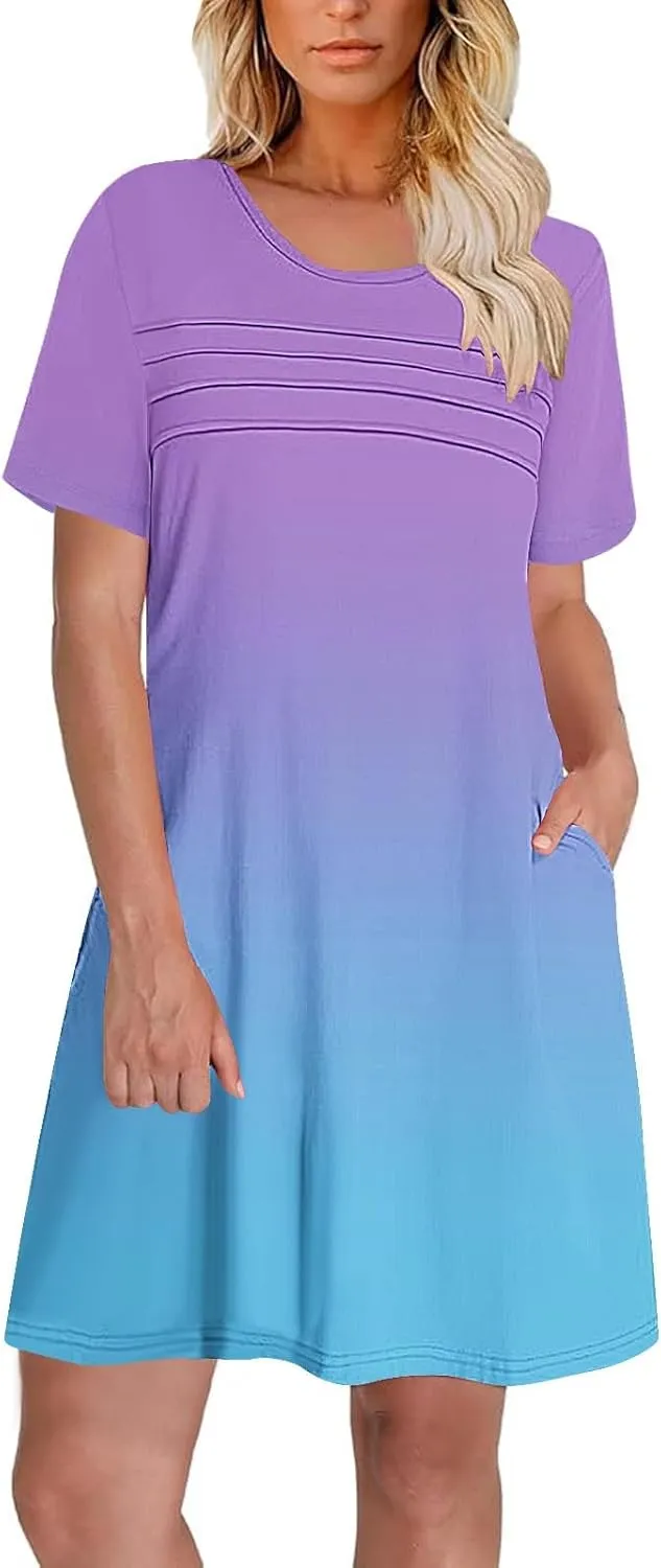 Mini Dresses for Women Casual Round Neck Short Sleeve Tunic Dress Comfy Ruched Gradient Colors Dress with Pockets