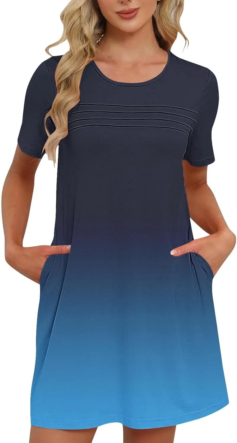 Mini Dresses for Women Casual Round Neck Short Sleeve Tunic Dress Comfy Ruched Gradient Colors Dress with Pockets