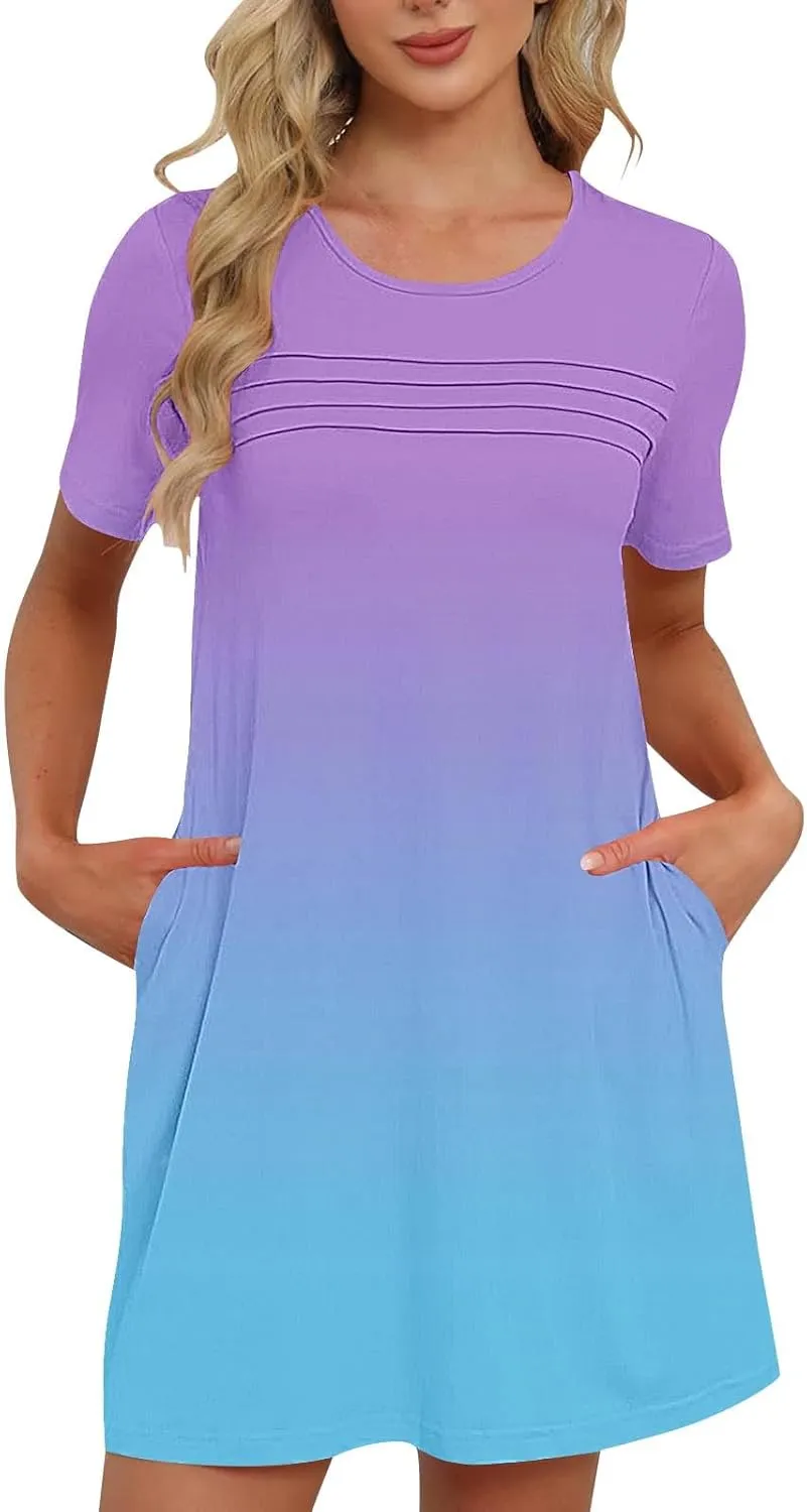 Mini Dresses for Women Casual Round Neck Short Sleeve Tunic Dress Comfy Ruched Gradient Colors Dress with Pockets