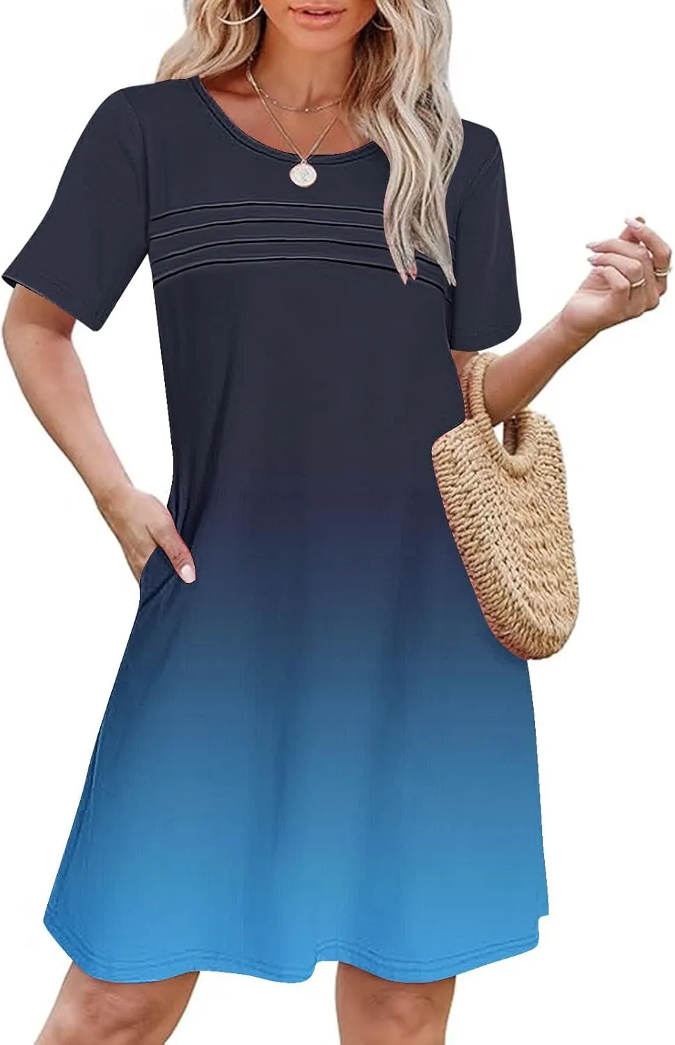Mini Dresses for Women Casual Round Neck Short Sleeve Tunic Dress Comfy Ruched Gradient Colors Dress with Pockets