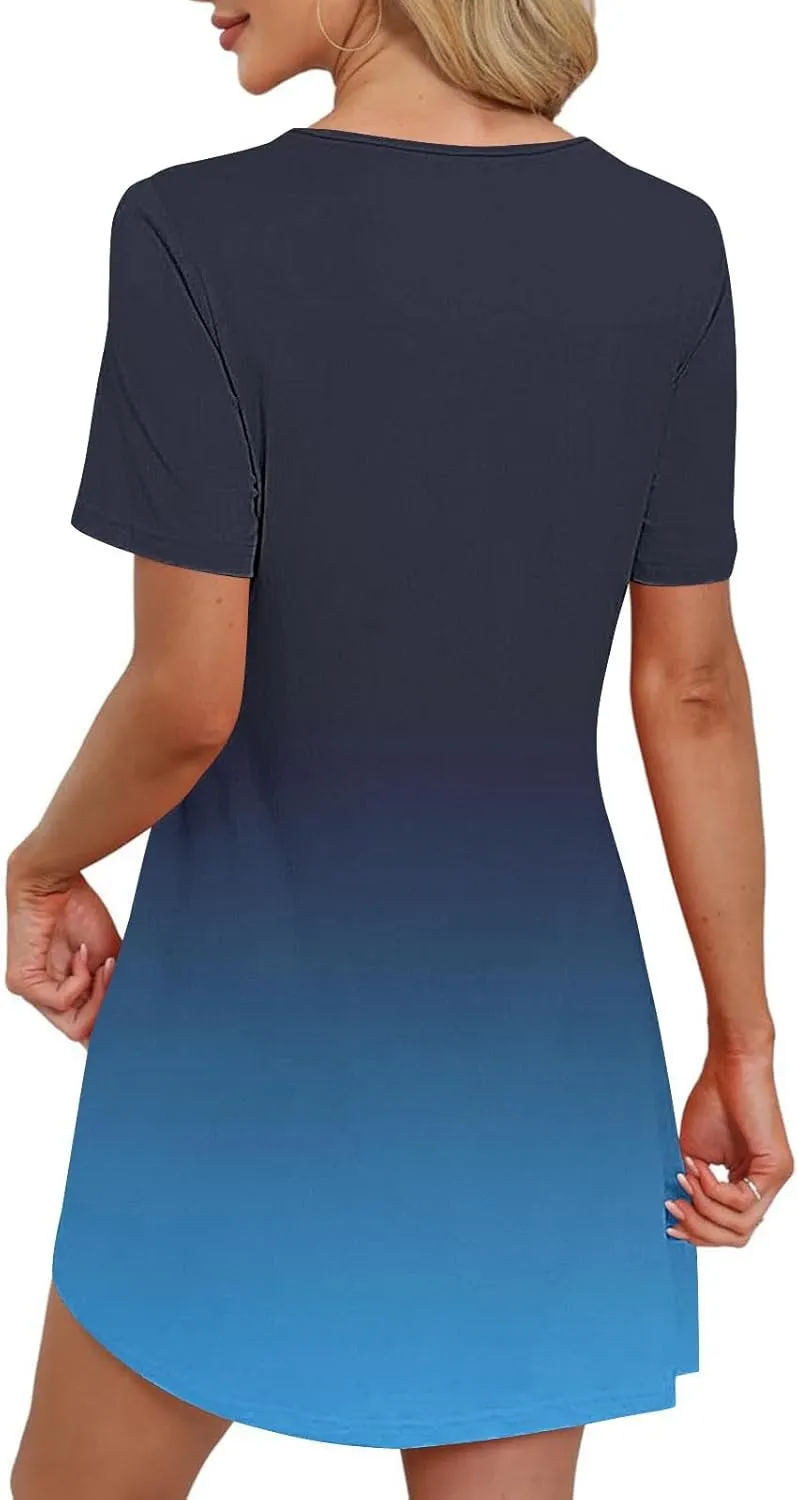 Mini Dresses for Women Casual Round Neck Short Sleeve Tunic Dress Comfy Ruched Gradient Colors Dress with Pockets