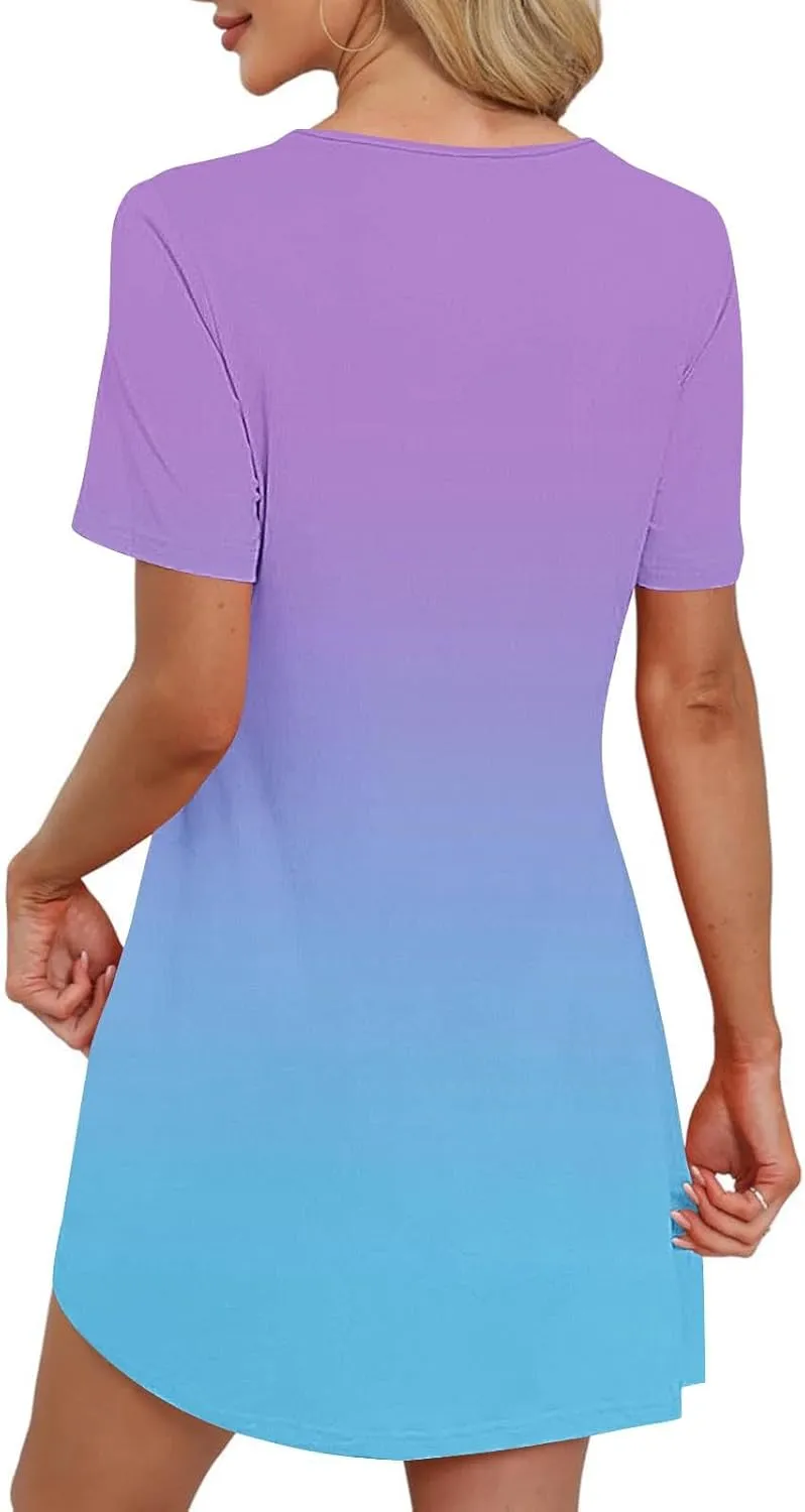 Mini Dresses for Women Casual Round Neck Short Sleeve Tunic Dress Comfy Ruched Gradient Colors Dress with Pockets