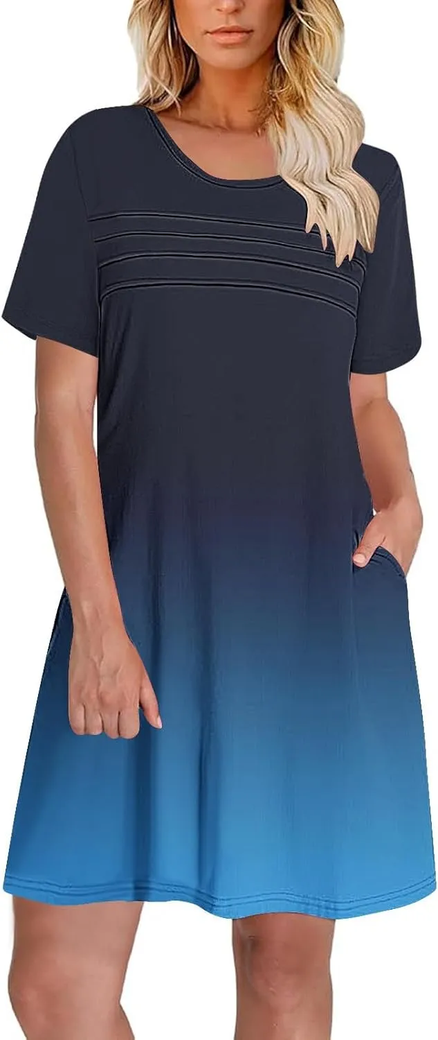 Mini Dresses for Women Casual Round Neck Short Sleeve Tunic Dress Comfy Ruched Gradient Colors Dress with Pockets