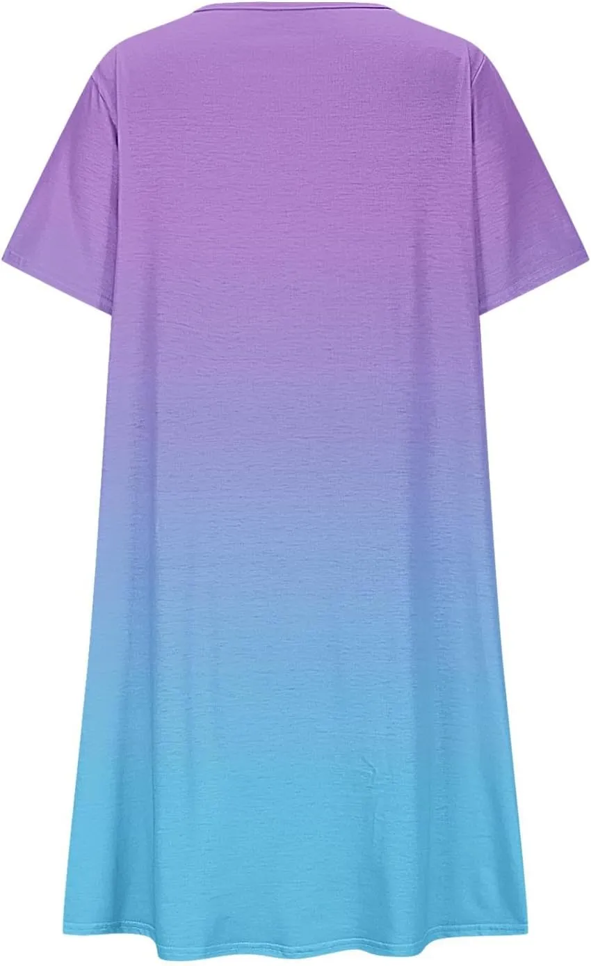 Mini Dresses for Women Casual Round Neck Short Sleeve Tunic Dress Comfy Ruched Gradient Colors Dress with Pockets