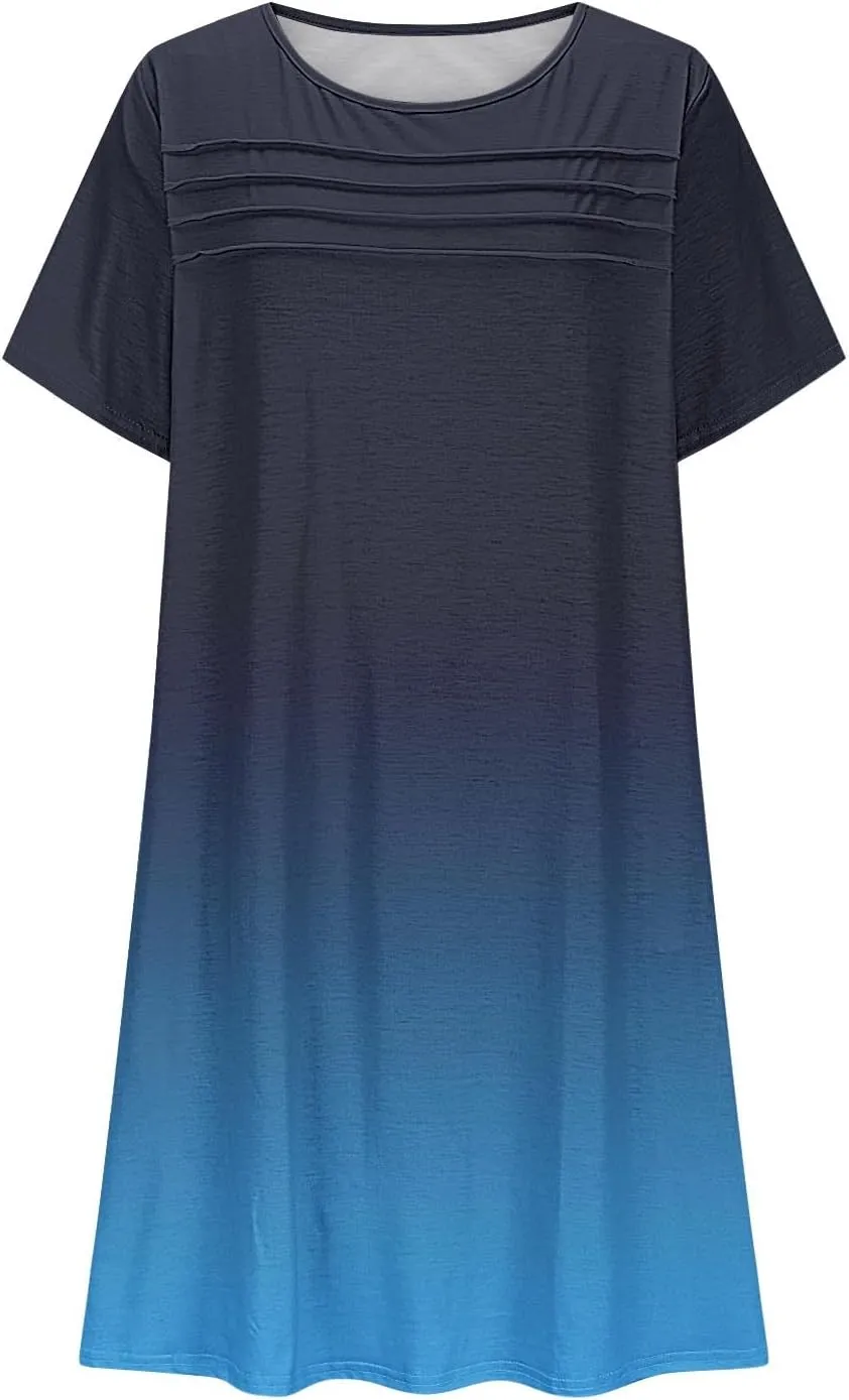 Mini Dresses for Women Casual Round Neck Short Sleeve Tunic Dress Comfy Ruched Gradient Colors Dress with Pockets