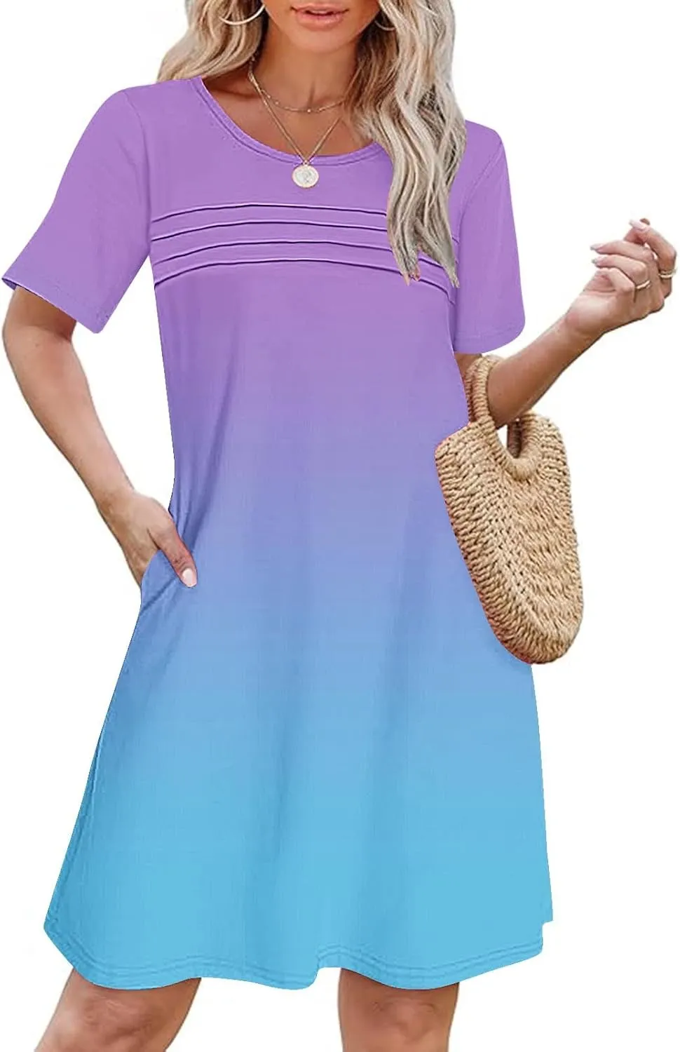 Mini Dresses for Women Casual Round Neck Short Sleeve Tunic Dress Comfy Ruched Gradient Colors Dress with Pockets