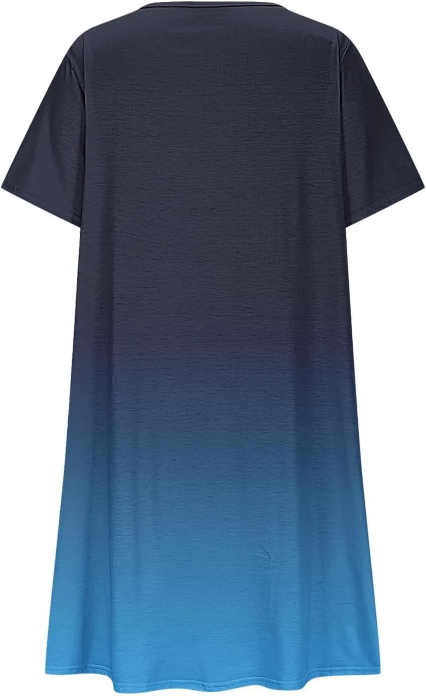 Mini Dresses for Women Casual Round Neck Short Sleeve Tunic Dress Comfy Ruched Gradient Colors Dress with Pockets