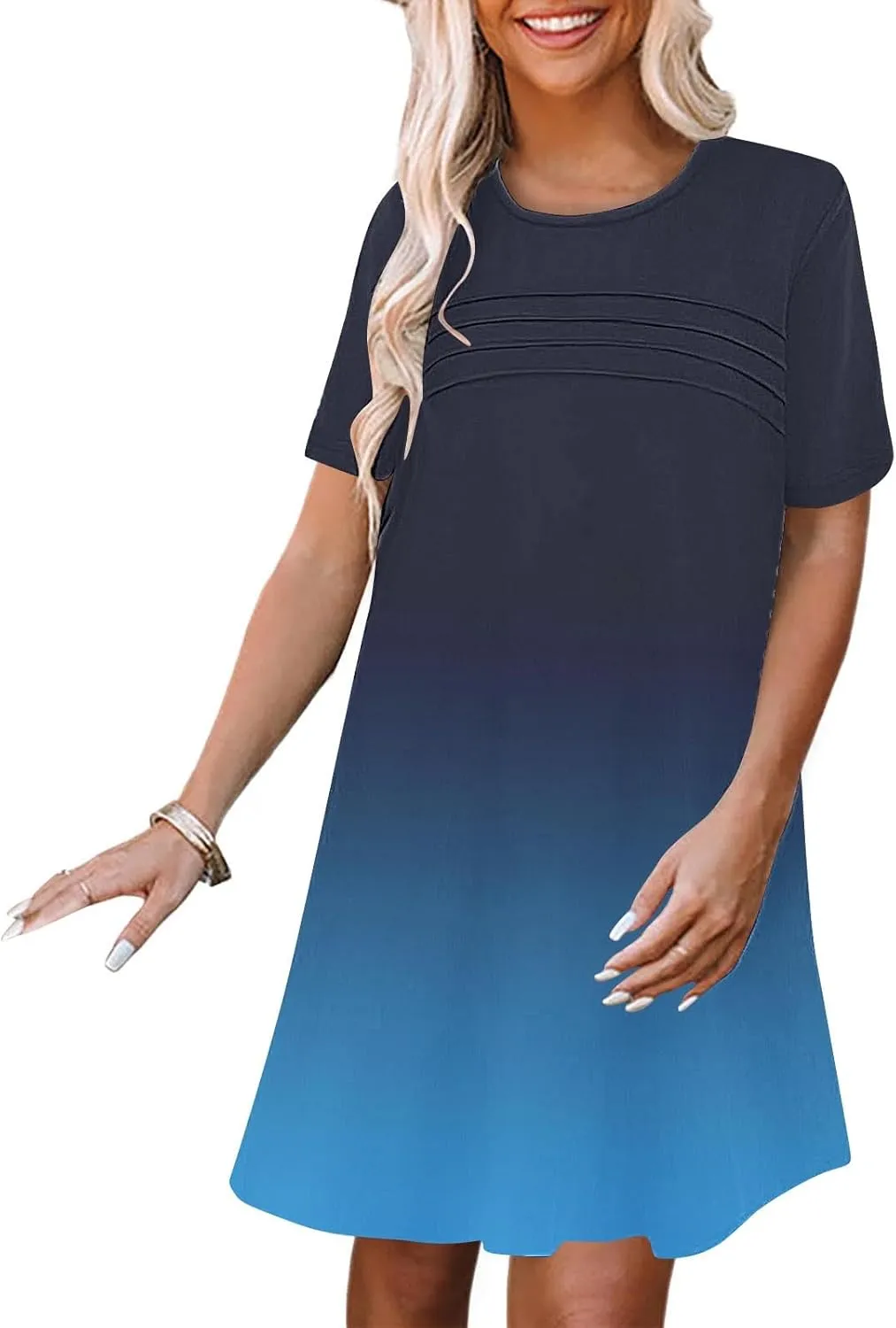 Mini Dresses for Women Casual Round Neck Short Sleeve Tunic Dress Comfy Ruched Gradient Colors Dress with Pockets