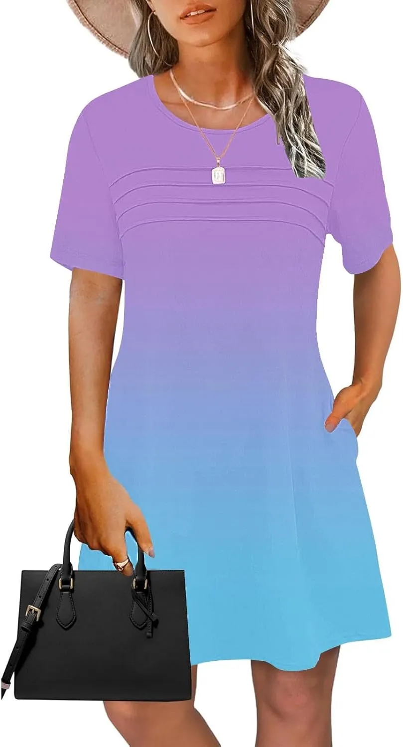 Mini Dresses for Women Casual Round Neck Short Sleeve Tunic Dress Comfy Ruched Gradient Colors Dress with Pockets
