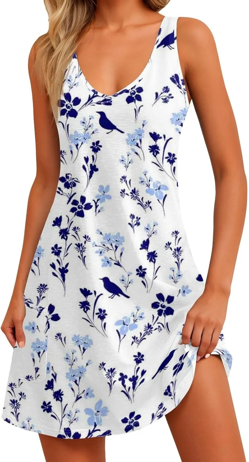Mini Dresses for Women V Neck Floral Print Tank Dresses Sleeveless Sundresses Swing Beach Dress Beach Cover Ups