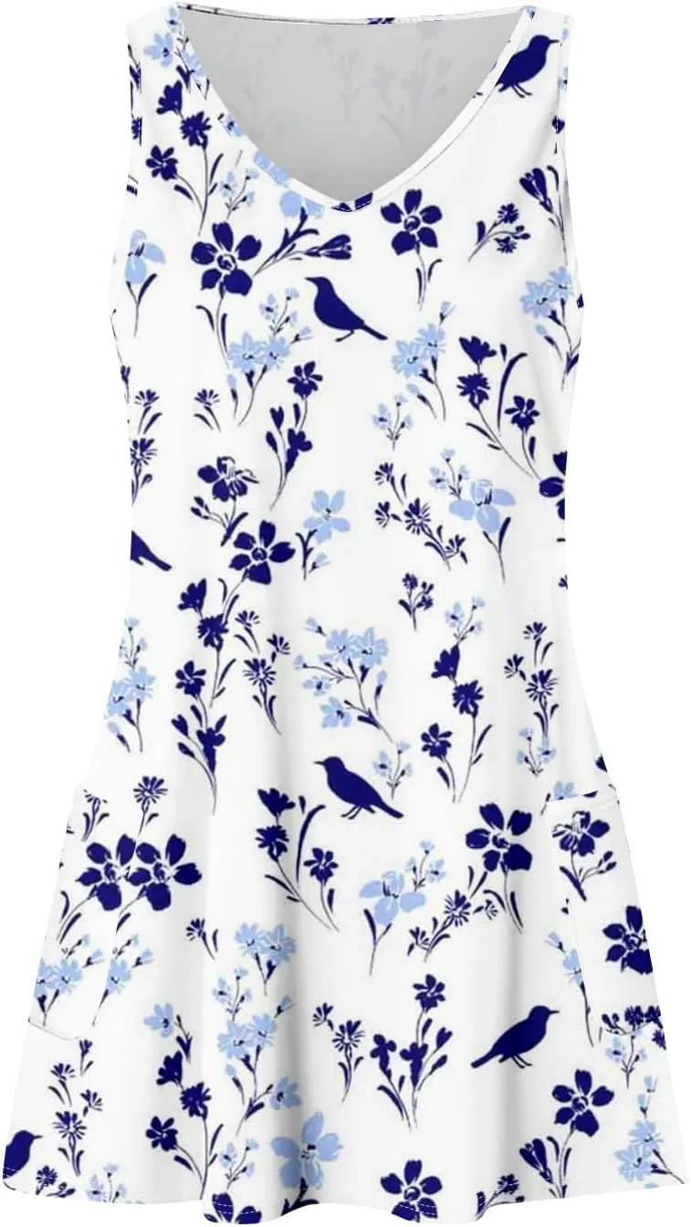 Mini Dresses for Women V Neck Floral Print Tank Dresses Sleeveless Sundresses Swing Beach Dress Beach Cover Ups