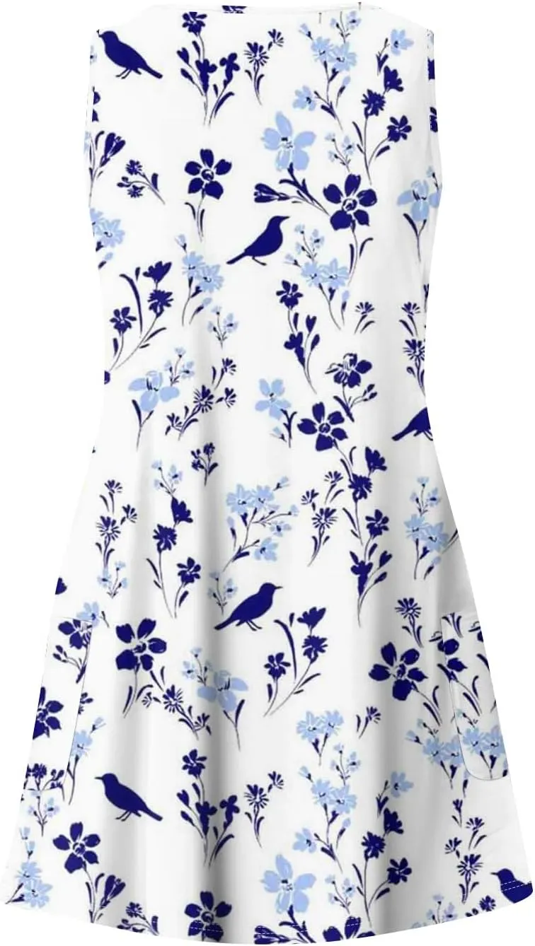 Mini Dresses for Women V Neck Floral Print Tank Dresses Sleeveless Sundresses Swing Beach Dress Beach Cover Ups