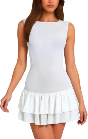 Mini Dresses for Women,2025 Summer Formal Sleeveless Dresses Boat Neck a Line Sundress Business Work Mini Dress