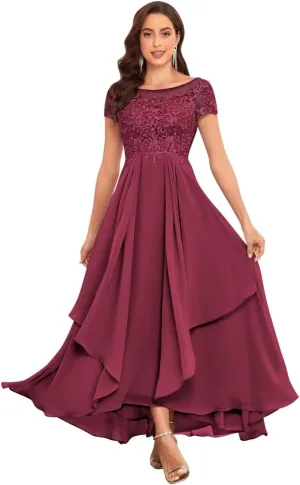 Mother of The Bride Dresses for Wedding Short Sleeve Lace Chiffon Ruched Formal Evening Dress