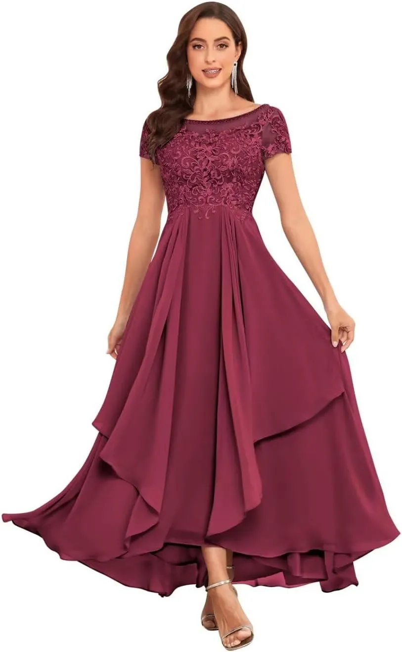 Mother of The Bride Dresses for Wedding Short Sleeve Lace Chiffon Ruched Formal Evening Dress