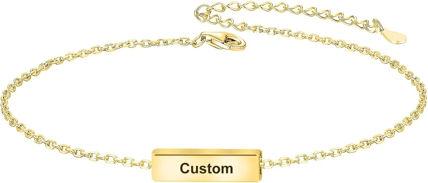 MOTICIUS Handmade Bar Personalized Name Bracelet 18K Gold Plated 4 Sides Engraved Name Custom Name Bracelet for Women Birthday Mothers Day Valentines Day Graduation Gift