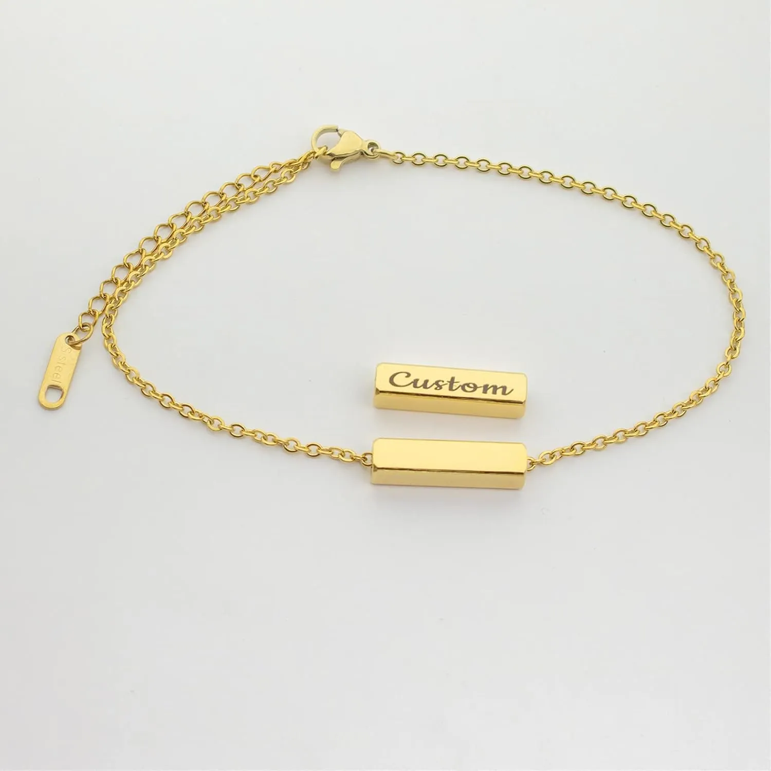 MOTICIUS Handmade Bar Personalized Name Bracelet 18K Gold Plated 4 Sides Engraved Name Custom Name Bracelet for Women Birthday Mothers Day Valentines Day Graduation Gift