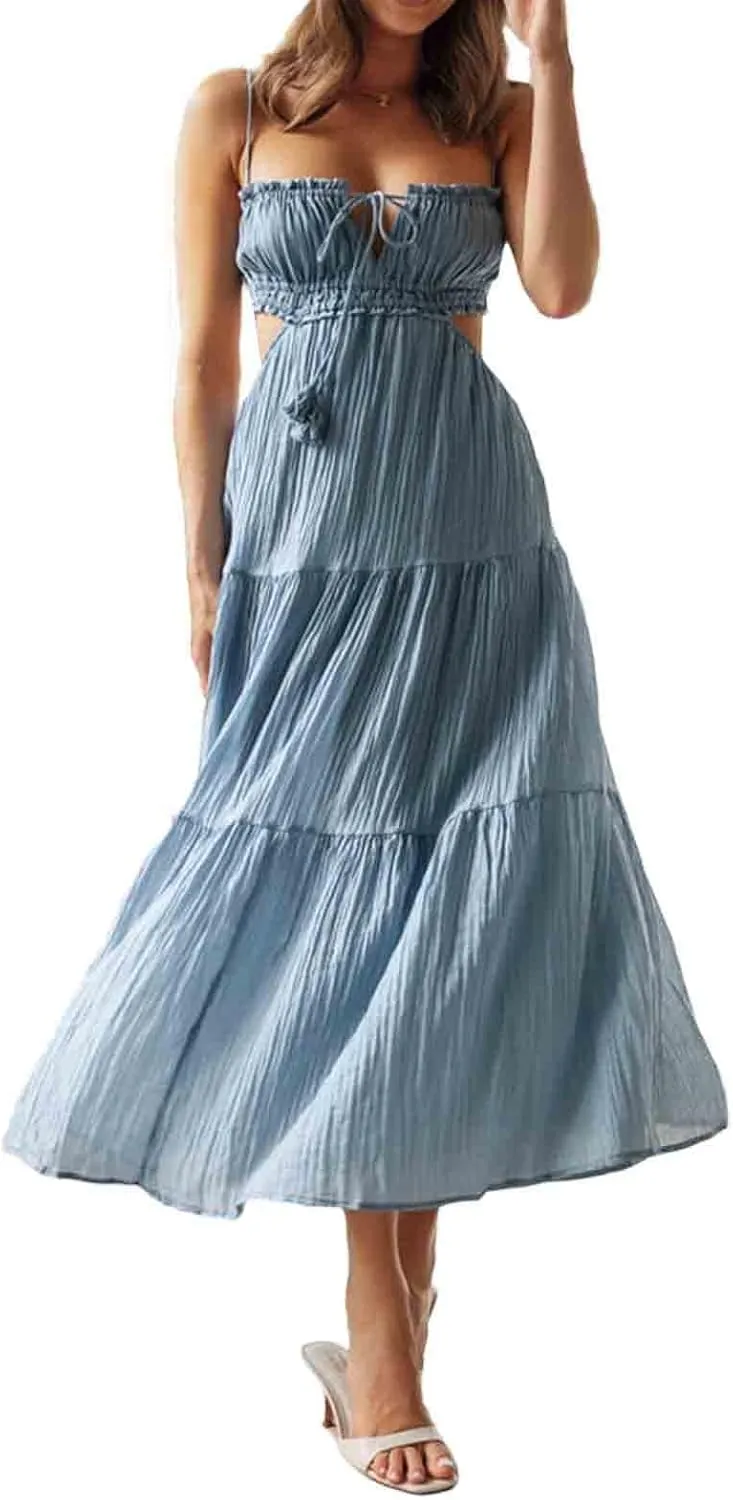 Multitrust Women Y2k Spaghetti Strapy Long Dresses Bodycon Sleeveless Slim Fit Elegant Tank Maxi Dress Party Beach Sundress