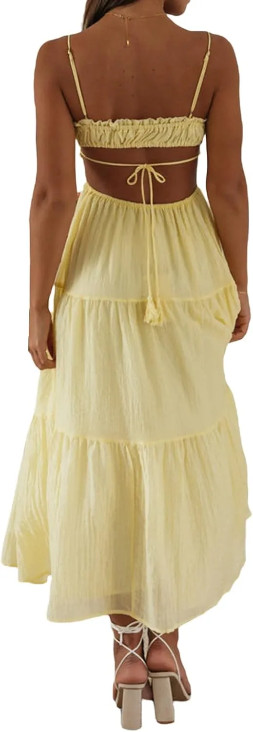Multitrust Women Y2k Spaghetti Strapy Long Dresses Bodycon Sleeveless Slim Fit Elegant Tank Maxi Dress Party Beach Sundress