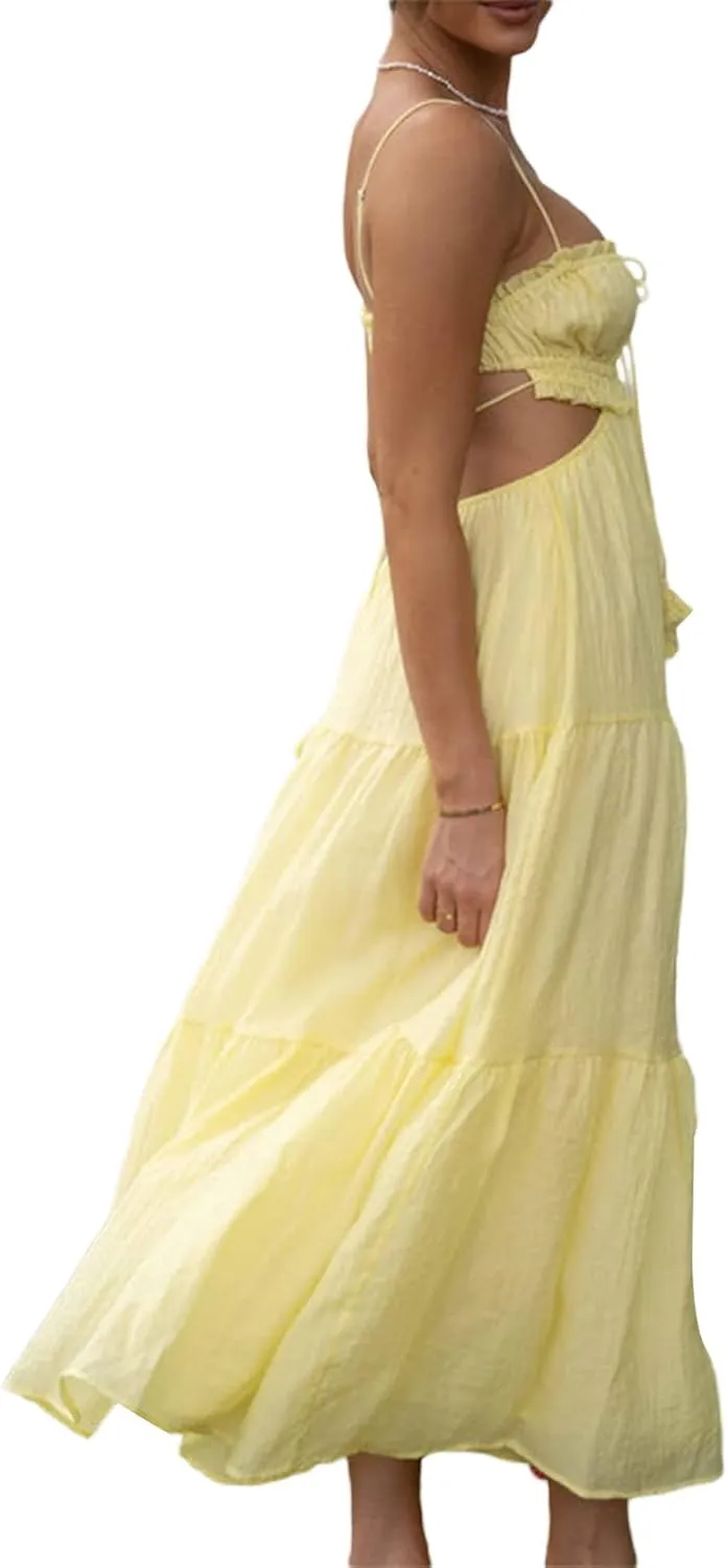Multitrust Women Y2k Spaghetti Strapy Long Dresses Bodycon Sleeveless Slim Fit Elegant Tank Maxi Dress Party Beach Sundress