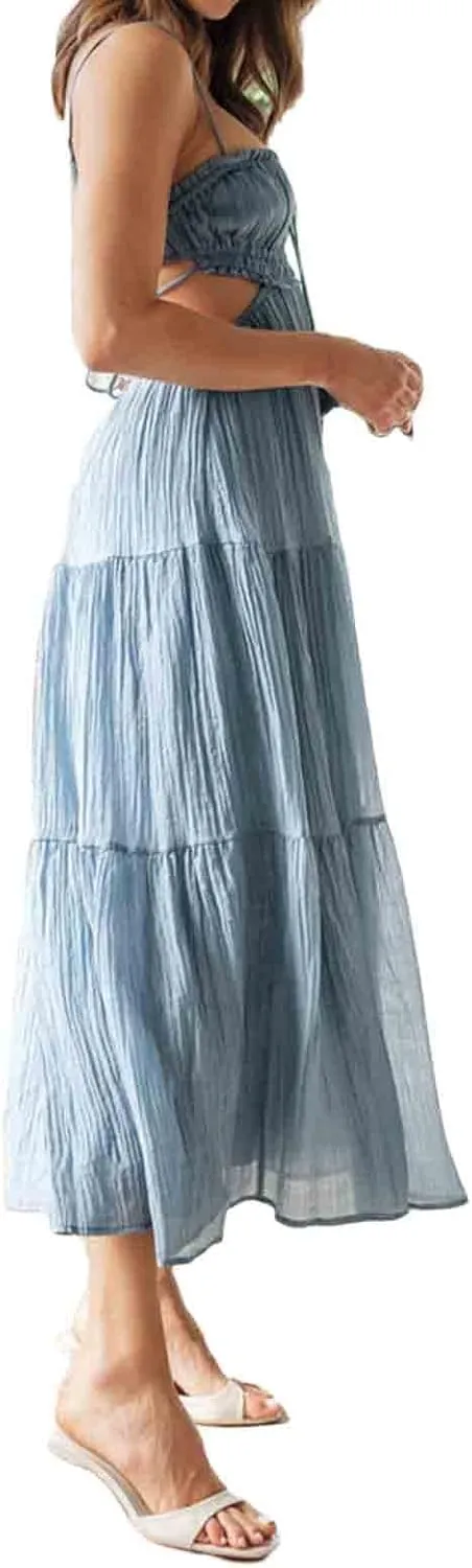 Multitrust Women Y2k Spaghetti Strapy Long Dresses Bodycon Sleeveless Slim Fit Elegant Tank Maxi Dress Party Beach Sundress