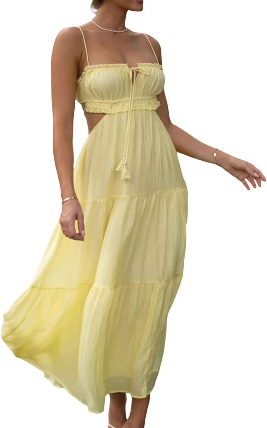 Multitrust Women Y2k Spaghetti Strapy Long Dresses Bodycon Sleeveless Slim Fit Elegant Tank Maxi Dress Party Beach Sundress