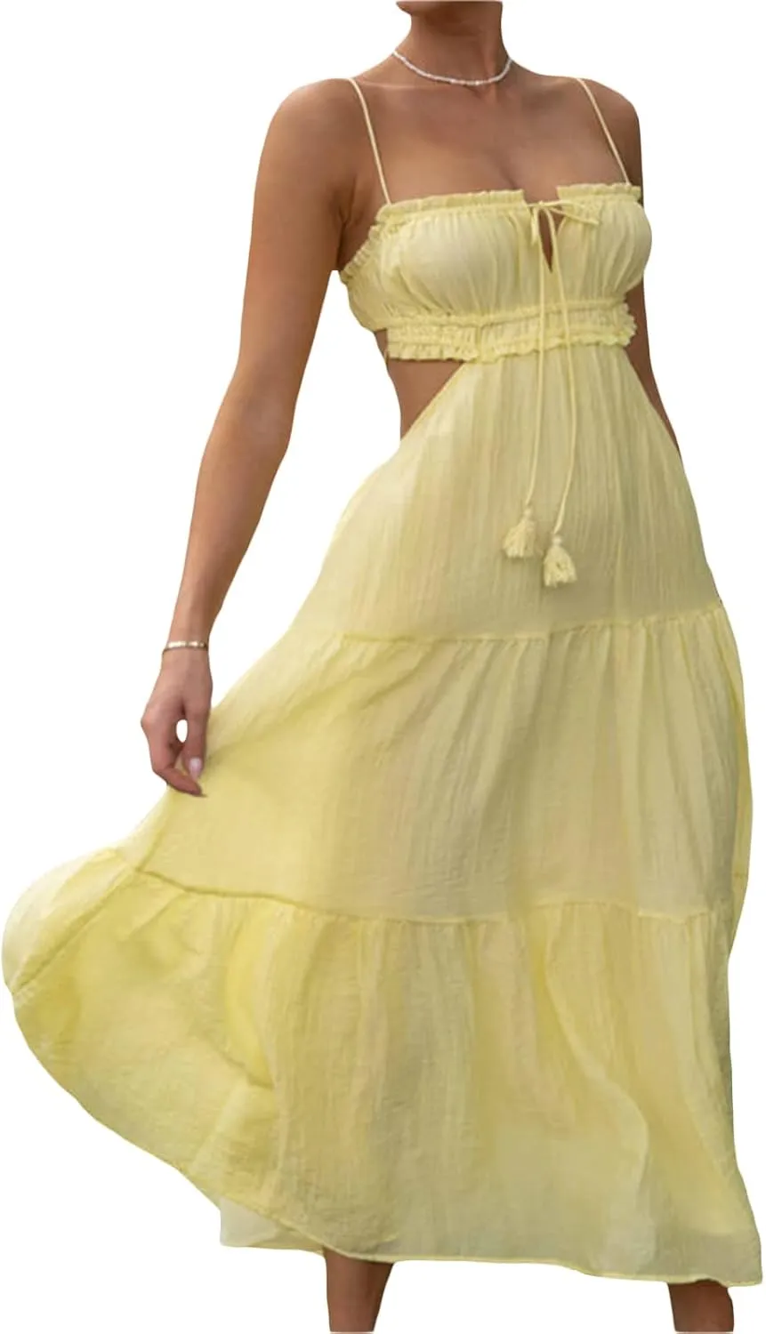Multitrust Women Y2k Spaghetti Strapy Long Dresses Bodycon Sleeveless Slim Fit Elegant Tank Maxi Dress Party Beach Sundress