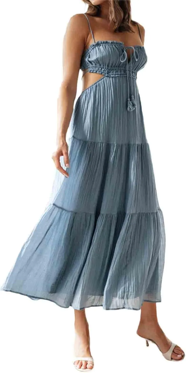 Multitrust Women Y2k Spaghetti Strapy Long Dresses Bodycon Sleeveless Slim Fit Elegant Tank Maxi Dress Party Beach Sundress