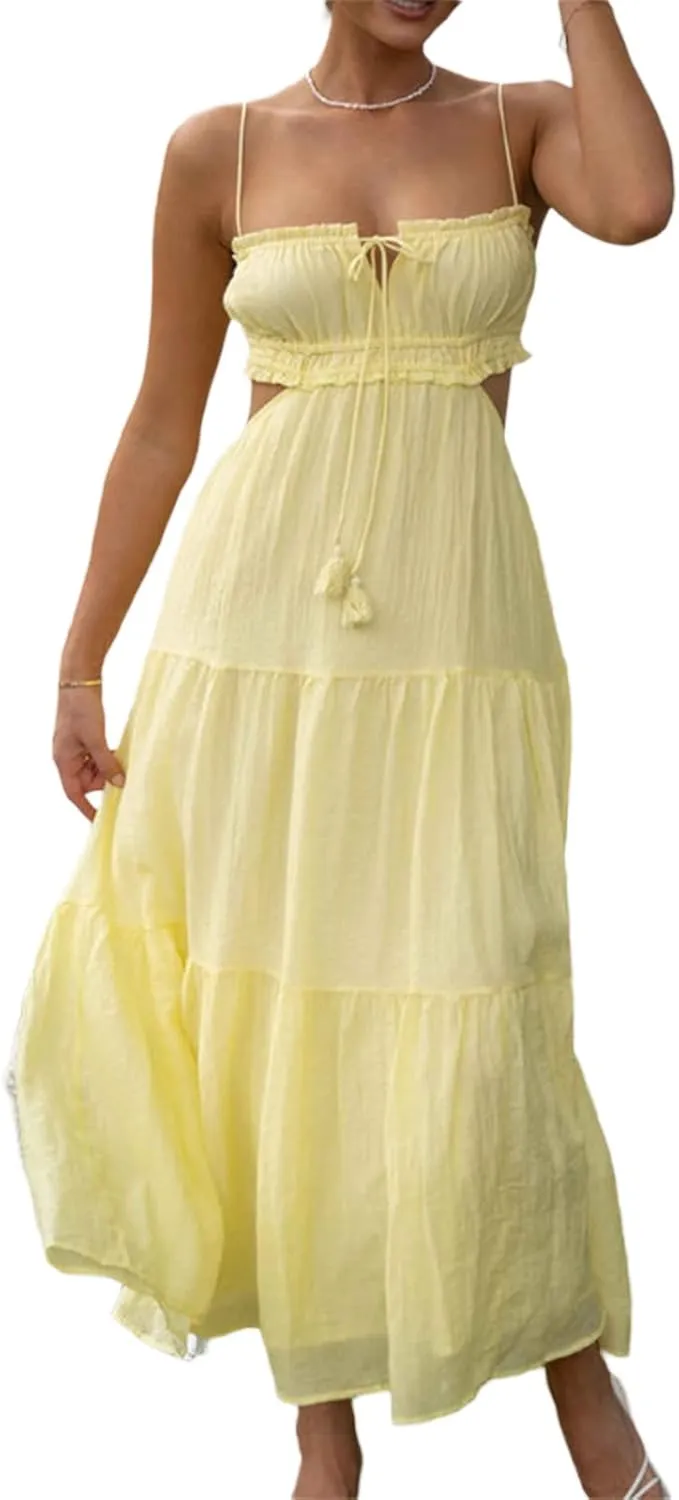Multitrust Women Y2k Spaghetti Strapy Long Dresses Bodycon Sleeveless Slim Fit Elegant Tank Maxi Dress Party Beach Sundress