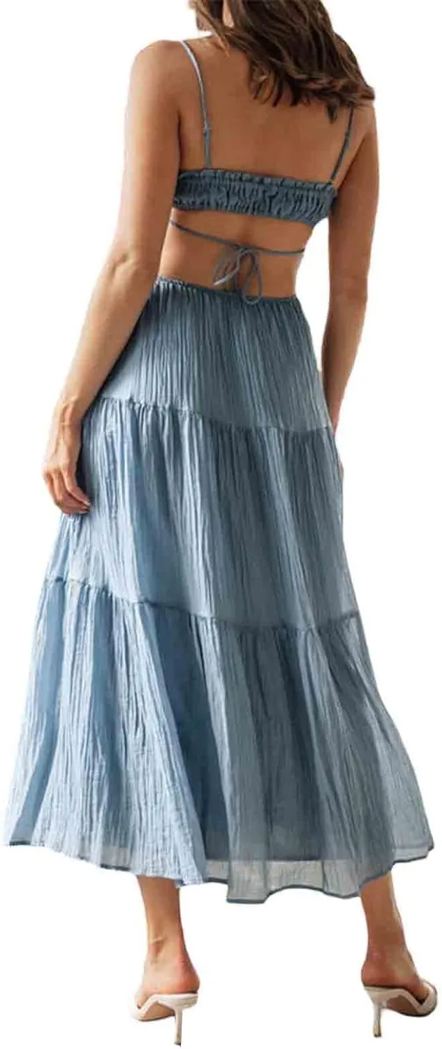 Multitrust Women Y2k Spaghetti Strapy Long Dresses Bodycon Sleeveless Slim Fit Elegant Tank Maxi Dress Party Beach Sundress