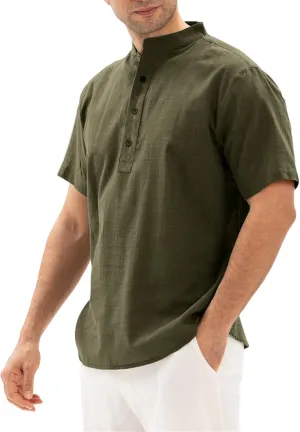 Muscularfit Short Sleeve Shirts for Men Casual Stylish Cotton Linen Shirt Summer Regular-Fit Solid Color Loose Fit T Shirt
