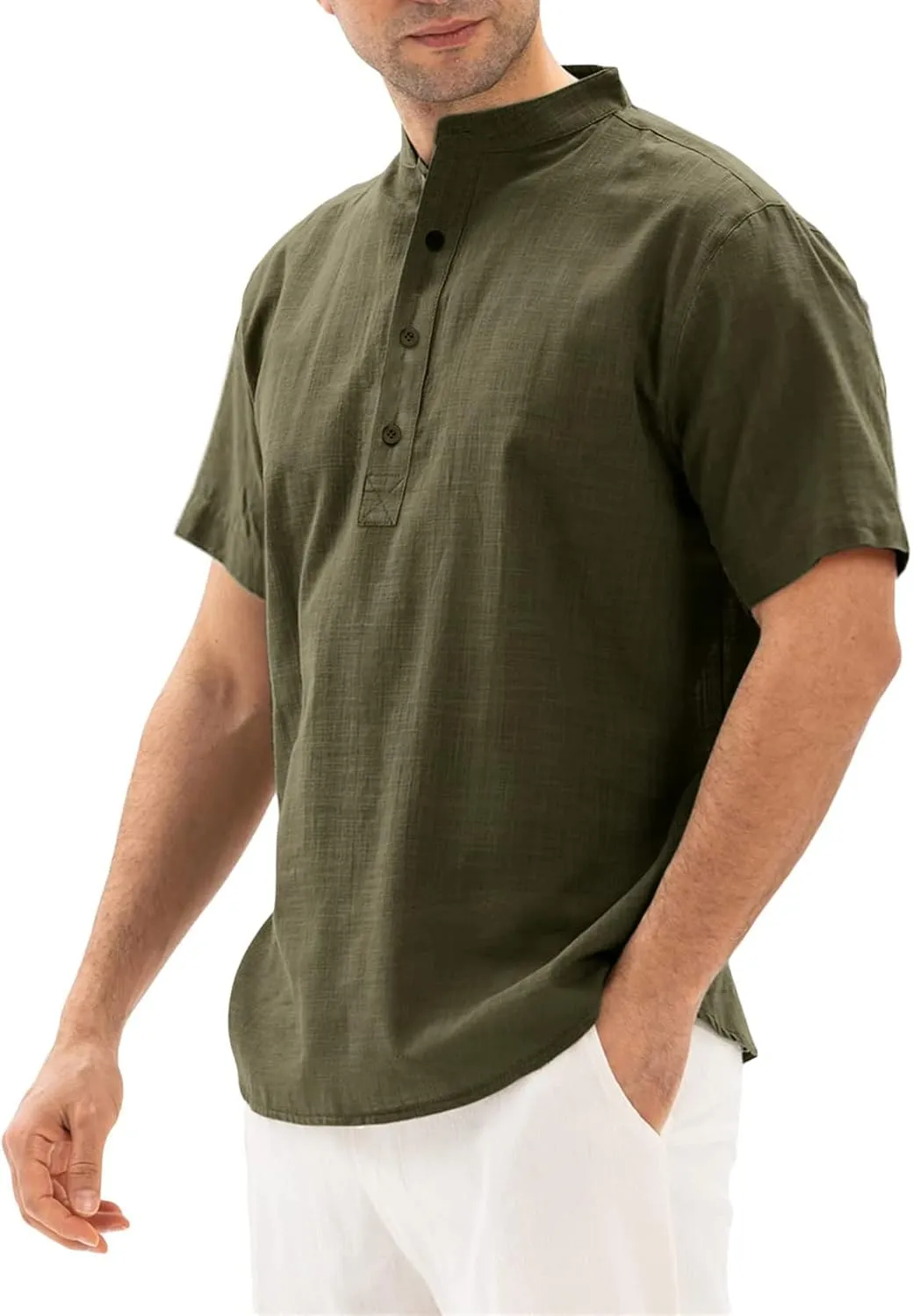 Muscularfit Short Sleeve Shirts for Men Casual Stylish Cotton Linen Shirt Summer Regular-Fit Solid Color Loose Fit T Shirt