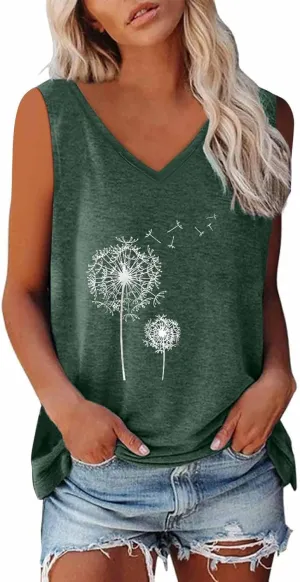 Mzkdieey Dandelion Tank Tops for Women Inspirational Graphic Tee Summer Sleeveless V Neck Tanks Casual Loose Fit Tunic Vest