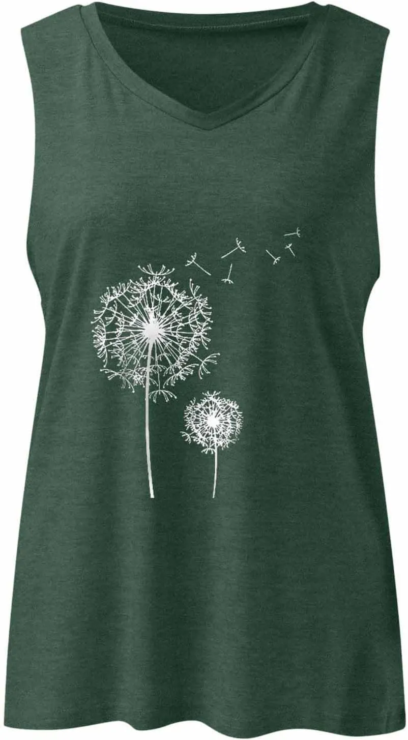 Mzkdieey Dandelion Tank Tops for Women Inspirational Graphic Tee Summer Sleeveless V Neck Tanks Casual Loose Fit Tunic Vest