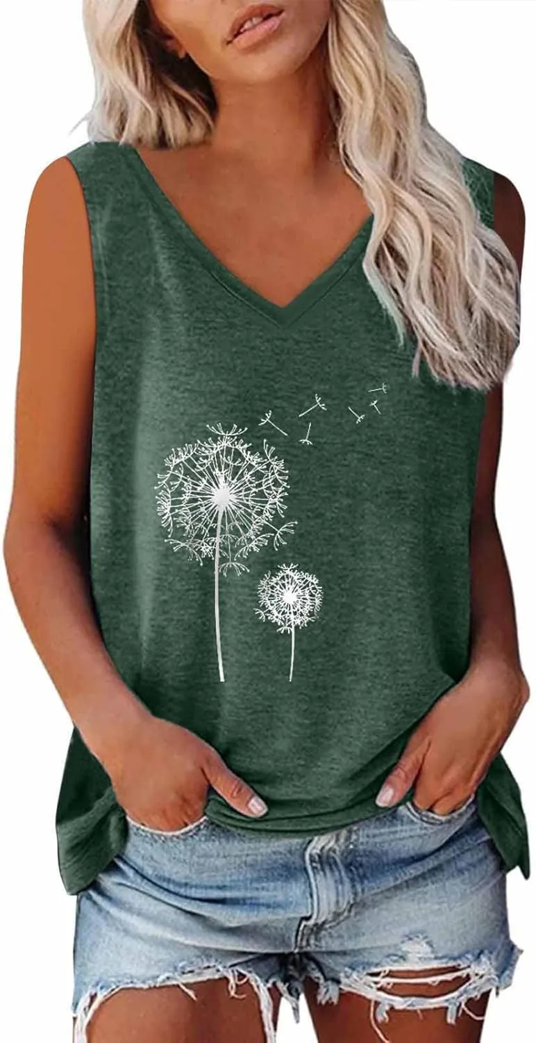 Mzkdieey Dandelion Tank Tops for Women Inspirational Graphic Tee Summer Sleeveless V Neck Tanks Casual Loose Fit Tunic Vest