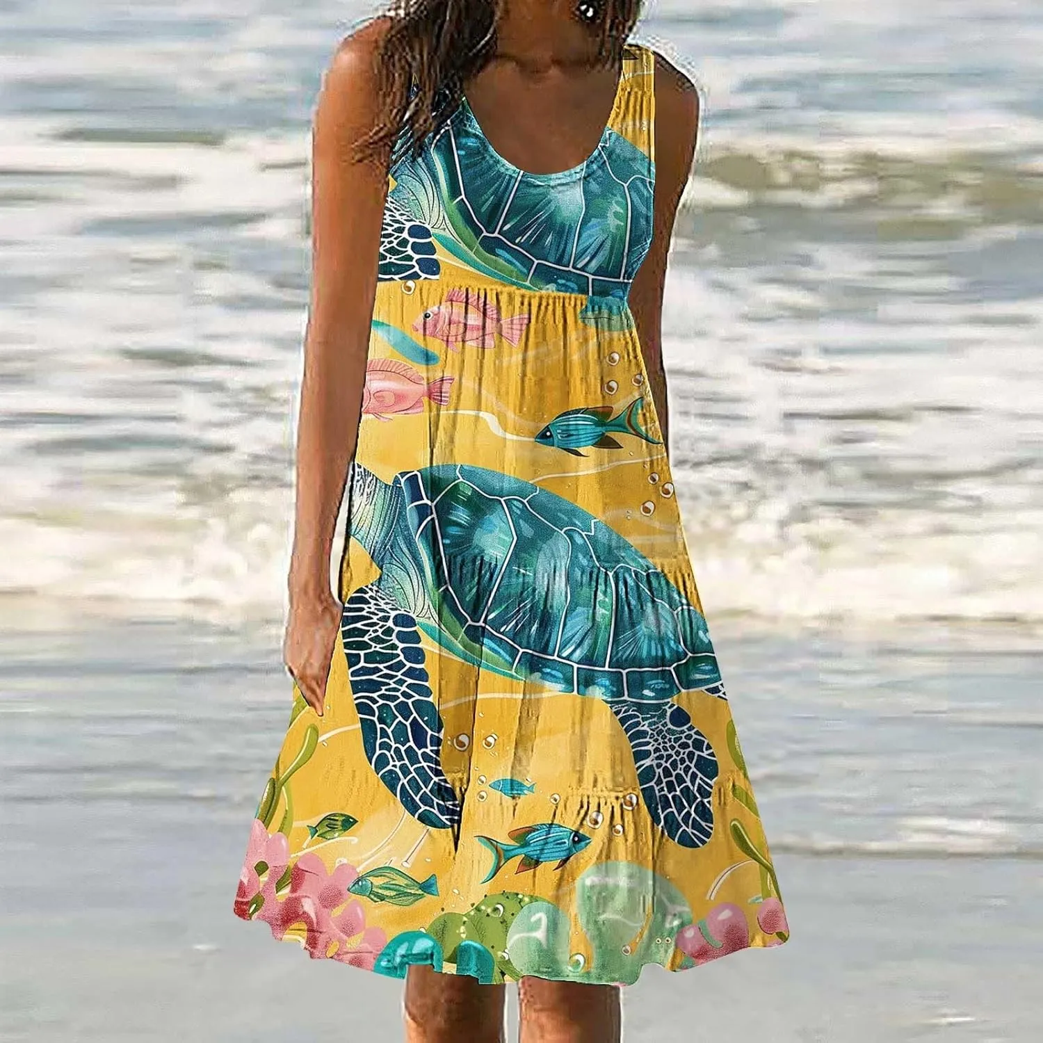Mzkdieey Women Sea Turtle Print Beach Dresses Summer Casual Tiered Ruffle Hem Mini Dress Sleeveless Baggy Flowy Tank Dress