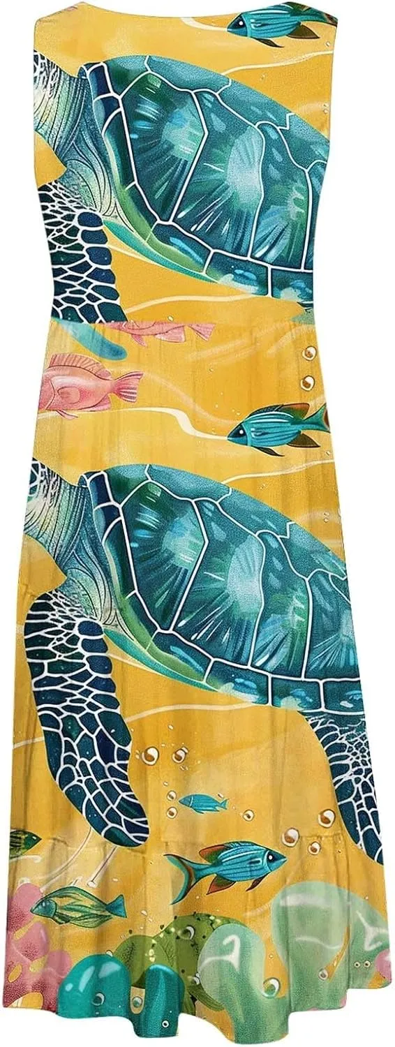 Mzkdieey Women Sea Turtle Print Beach Dresses Summer Casual Tiered Ruffle Hem Mini Dress Sleeveless Baggy Flowy Tank Dress