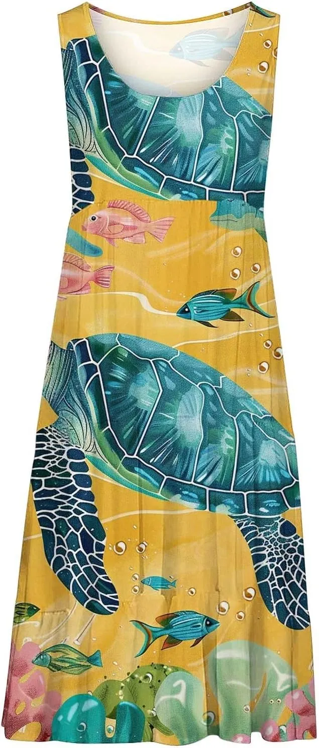 Mzkdieey Women Sea Turtle Print Beach Dresses Summer Casual Tiered Ruffle Hem Mini Dress Sleeveless Baggy Flowy Tank Dress