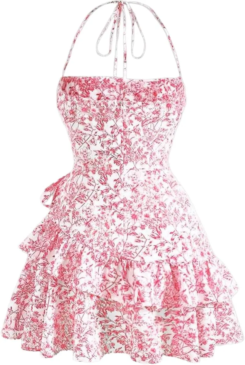 Narecte Summer Dresses for Women,Tie Halter Mini Dress,Floral Print Short Dress,Ruffle Trim Casual Dresses
