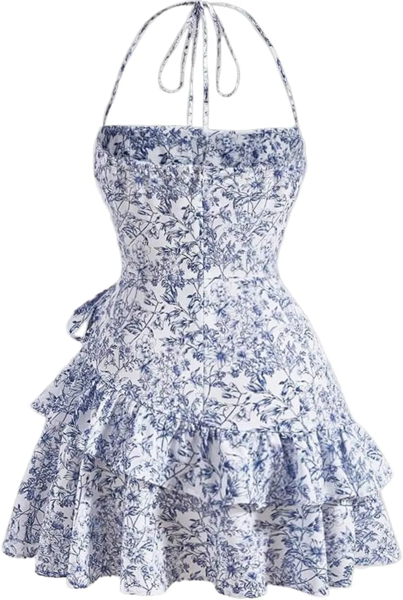Narecte Summer Dresses for Women,Tie Halter Mini Dress,Floral Print Short Dress,Ruffle Trim Casual Dresses