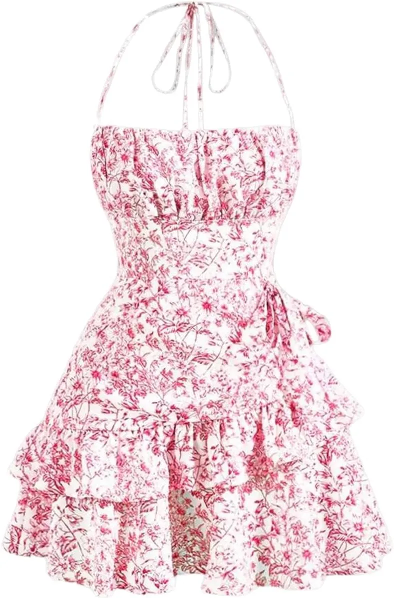 Narecte Summer Dresses for Women,Tie Halter Mini Dress,Floral Print Short Dress,Ruffle Trim Casual Dresses